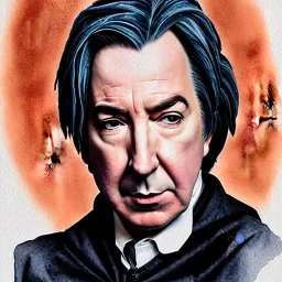 high-quality, fine-detail close-up watercolor of Alan Rickman as Severus Snape, portrait, young, stunning, beautiful, 8k resolution, intricate, digital art, hyper realistic, photorealistic, volumetric lighting, Rafael Augusto, Juan Francisco Casas, Anne Dittman, Anne Stokes, greg rutowski,