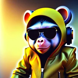 Monkey toddler, steampunk headphone, sunglass, gangsta neckless, full body, yellow puffer jacket, tokio background, dramatic lighting, hyper realistic, unreal engine 5, 16k