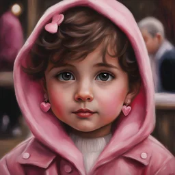 Painting of a little girl with big hazel eyes and short brown hair with a pink jacket and heart earrings, 2 years old, adorable eyes, cute face, oil pastel, oil pastel painting, oil painting, painting style, amazing painting