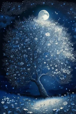 a background of softly blended blues, greys, silvers, and whites with distant, twinkling stars in the sky, an a moon casting a soft glow of light on a foreground of a field of various flowers surrounding a tree of life