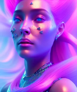 A portrait of a crystalised queen, atmospheric, realistic, unreal engine, cinematic lighting, octane render, transoarent, pink turquoise light