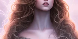 A portrait of a beautiful curvaceous withe woman with long straight curly blond hair, wearing a black lace dress with a deep v neck, sorceress, magical, ethereal, intricate, sharp lighting, misty. Painting, high quality, Ultra quality 8k. ful bodie eyes fasing me