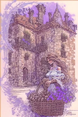 The courtyard of an ancient French castle, beautiful perfect faced woman with a basket of lavender in her arms by Jean-Baptiste Monge, watercolor and ink, intricate details, fantasy, beautiful, award winning, colorful, fantastic view, crisp quality in sunshine