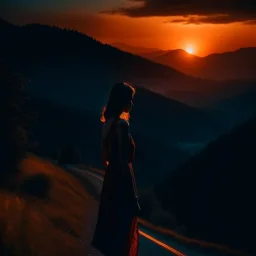 dark night, watching a woman from behind wearing a sleeveless dress, mountains and forests next to the road, a beautiful orange sunrise in the distance, photo quality