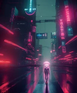 circular white moon, 3D, beautiful, light reflecting, empty city, midnight, rainy night, neon, cyberpunk, person walking with helmet on