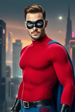 full-length, A portrait of a man with piercing blue eyes, a chiseled jaw, goatee, timeless face, stern expression, Wearing a skintight formfitting red, textured cotton hero suit, he wears a thin, black leather, bandit eye disguise over his eyes, blue trunks, a black belt with silver buckle, black wrist gauntlets, knee-high black leather boots, blue cape, capital letter 'M' on chest, a futuristic cityscape background