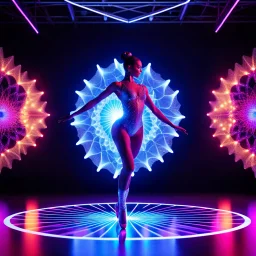 mocap graphic, balerina dancing in a 3d recursive fractal stage with disco fashing lights