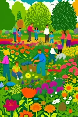 10 persons that do works in the garden, many colors