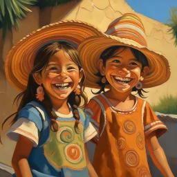 2 mexican childeren smiling painting neoclassism whole body zoom the sun