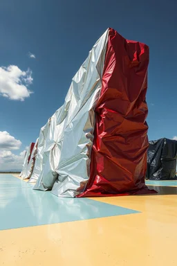 Fotografia di una superficie piatta di colore azzurro chiaro e giallo pastello, su cui si ergono alcuni gigantesche immense enormi strutture di forma indefinita, fatte di materiali vari, ricoperte da materiale plastico argentato, rosso, e nero, che scende a terra. Max Ernst, Amano, Yves Tanguy, Piet Mondrian, James Ensor, paranoic, obsessive, eccessivo, aria aperta, sole, nuvole, glossy, surreal, hasselblad h6d400c --ar 85:128 --v 6.