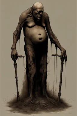 The full body of a fat man holding a cane , decayed and rotting with grotesque proportions and imagery. surreal horror, biomechanical design, by hr giger and beksinski