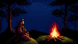 A samurai sitting near campfire alone in a dark forest at night on top of a hill, pixel-art. Dark, medieval, fantasy, magical. Inspired by dark souls, game of thrones, and lord of the rings. You can see a starry night sky. Lot of shadows.