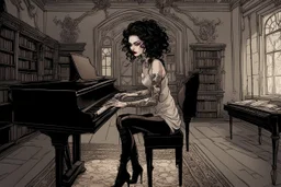 scarred cyberpunk vampire girl with tribal tattoos short curly dark cyberpunk hair playing a grand piano in the library of a decaying gothic mansion at midnight