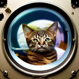 hyper-realistic cat looking through porthole view of astronaut floating in space, 8k resolution, high-quality, fine-detail, detailed matte, intricate, 3D octane render, illustration, digital art, brian froud, howard lyon, anna dittman, greg rutowski,