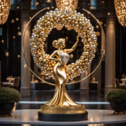 A magnificent golden and silver heart-shaped sign adorned with a stunning golden sphere encrusted with sparkling diamond clusters at its center, elegantly spinning in position,a girl statue standing pose