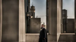 a Persian big man in a modern street in Tehran with a tower.