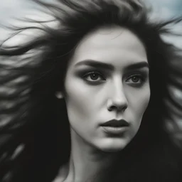 a woman with long wild hair on a windy day, in the style of toy camera effects, haunting elegance, frozen movement, captivating gaze, voigtlander bessa r2m, black paintings, new york school --ar 71:128 --stylize 750 --v 6