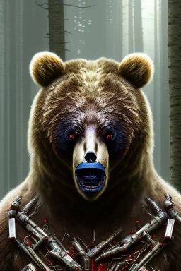 upclose realistic,12k ultra-high-definition rendering of a scary bear, he is partially a robot, red scratch marks on him, showing thangs,exudes a sinister aura under the Forrest's dark and mysterious lighting