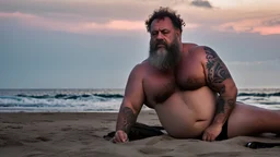 photography of a sicilian baywatcher burly sweat chubby 52 years old , swimwear, manly chest ,tattoo, curly hairs, beard, sitting on a beach chairs at the beach at midnight , illuminated by bonfire, photorealistic, 8k, Canon EOS, 35mm lens, , unreal engine, greg rutkowski, loish, rhads, beeple, makoto shinkai and lois van baarle, ilya kuvshinov, rossdraws, tom bagshaw, alphonse mucha, global illumination, detailed and intricate environment