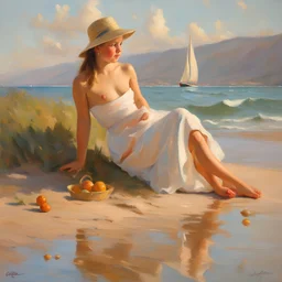 portrait of a girl picking peebles on the beach, her feet in the water, volegov, vladimir volegov, painting,inspired by vladimir volegov , a beautiful painting, beautiful painting by Vladimir Volegov, pale colours with project mapping shadow effect.