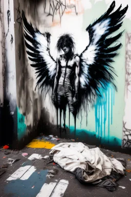 Abstract expressionism oil painting of an Urban alley grunge scene, fallen angel laying on ground in ripped robes, white stained wings, feathers misplaced, slight glowing, but broken halo. Dirty walls, graffiti in Latin, oil on the ground. Harsh shadows and goth undertones. areal view looking down , messy brush strokes, close up