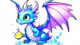 cartoon illustration: a cute ice dragon with big shiny eyes and two purple crystal wings. The dragon is flying.. the dragon is eating a cake