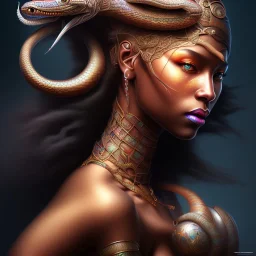 sango fantasy, fantasy magic, intricate, sharp focus, illustration, highly detailed, digital painting, concept art, matte, masterpiece snake head sexy lady body black African beauty fish wearing African hair one head background