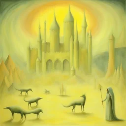 art by "Leonora Carrington", painting, landscape , Feigned The Palace Beyond Good and Evil, at Dawn, Illustration, Hopeless, 70s Science Fiction, Provia, overly complex style