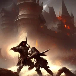 frank frazetta style, medieval town in battle, storm