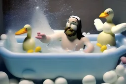 Jesus is bathing. playing with foam and rubber ducks in your bath.