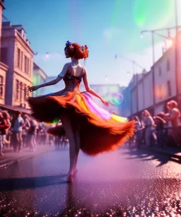 Ultra Realistic photo, medium shot view, drunken sweet dancer old brunette woman, carnival scene, monster hair, steampunk style. Red hair, confeti, smile, happy, festival, ovnis, gradient color fog. highly detailed, concept art, unreal engine 5, ray tracing, RTX, lumen lighting, ultra detail, volumetric lighting, 3d, finely drawn, high definition, high resolution.