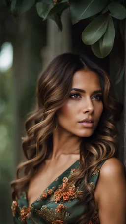 Portrait of a beautiful 28 year old woman with olive skin and light brown wavy hair wearing a designer dress