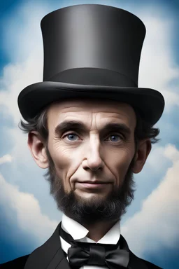 facial portrait - 10-year-old Abraham Lincoln is posing for his school picture - wearing a black suit and tie and a top hat - Sparkling, Sky blue Background, professional quality studio 8x10 UHD Digital photograph by Scott Kendall - multicolored spotlight, Photorealistic, realistic stock photo, Professional quality Photograph. colored Fog