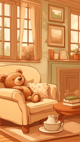 a living room filled with furniture and a teddy bear, cozy home background, cozy living room background, cute room, thomas kinkade. cute cozy room, warm interiors, cozy calm! fabrics textiles, cozy wallpaper, personal room background, interior design background, interior decoration, homely atmosphere, a room, cozy and peaceful atmosphere, furnished room, popular interior design style