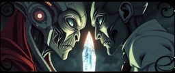 Close-up confrontation between an ancient alien outcast leader synth and a space broker, standing only a meter apart, intense eye contact, glowing crystalline rod between them, anger mixed with sadness, dramatic facial expressions, shallow depth of field, cinematic lighting, stylized 3D anime, airbrush painting, crisp outlines, escher , rembrandt and hr giger, black swirly border, characters drawn in front of border