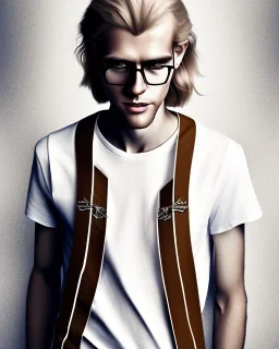 a tall guy who is skinny and scrawny with blond hair and blond beard. his hair is to the left side and he wears glasses. he is wearing a white t-shirt, black jeans and has straight teeth and brown shoes. lord of the rings style