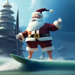 Santa standing of surfboard surfing a big wave, surfboard, beach, character design by cory loftis, fenghua zhong, ryohei hase, ismail inceoglu and ruan jia. unreal engine 5, artistic lighting, highly detailed, photorealistic, fantasy