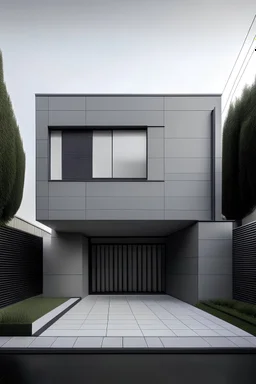Fachada de una casa mínimalista de color gris que se vea realista