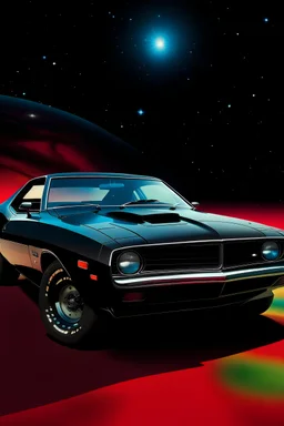 a glossy black 1971 plymouth 426 hemi cuda with a shaker hood on a deep-red glass plane under an infinite star field with a psychedelic rainbow stretching across the sky