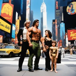 [father, wife and son] In the heart of New York City, the fearless and primal Tarzan, accompanied by his adventurous wife Jane Porter and their young son Korak, stand in Times Square painted by Andy Warhol