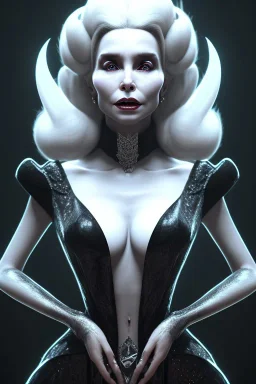 Constance Langdon as evil queen in black leather, leather, busty, cleavage, angry, stern look. character design by cory loftis, fenghua zhong, ryohei hase, ismail inceoglu and ruan jia. unreal engine 5, artistic lighting, highly detailed, photorealistic, fantasy