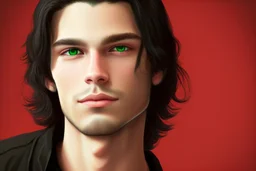 a young male with shoulder length black hair and green eyes, slight smile