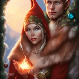 two elves. woman and man. Christmas scene. poster. marvel comic. low-key