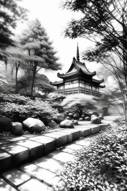 Tokyo garden in autumn abstract pencil black and white STYLE OF HIROKU OGAI