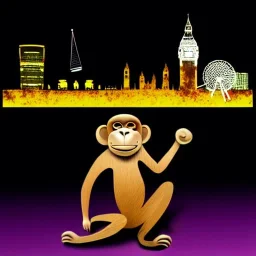 A monkey playing the drums, london skyline at night, in the style of Salvador Dali