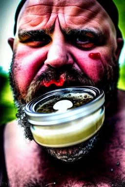 close up photography, dirty burly chubby Italian strong 48 years old homeless man, spitting milk from open mouth, dripping on the beard, with dirty tank top, emotional eyes, manly chest, photo, Canon EOS, lens 35mm, natural lights, 8K, in the morning