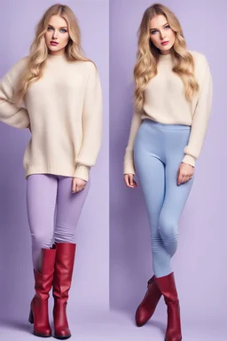 beautiful 18 year old girl with ash blonde hair and blue eyes with her curvy hair down, wearing a long-sleeved woollen top, and lilac long leggings, with long red boots full body standing pose shot