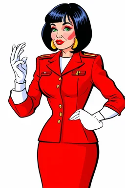 cartoon style image of very feminine, mature black haired 40 year old sexy French stewardess in red uniform with short bob cut and strong, seductive makeup, smoky green eyes, highly shiny white plastic gloves, big thick pouty bright red lips and large golden earrings who looks like Elodie Cherie