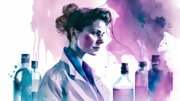 a watercolor painting of a powerful-looking woman in a lab coat, hair tied, experimenting with chemicals, low angle, volumetric, and a gradient background in shades of pink or blue.