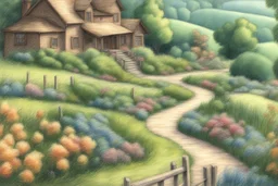 colored pencil sketch of a winding path to a country home --ar 4:3 --s 150